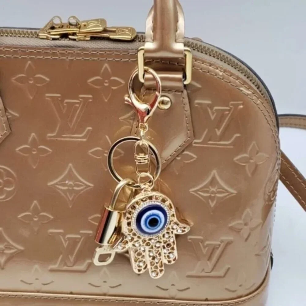 LV Gold Padlock 🔑 Authentic Louis Vuitton Charm + Unbranded Evil Eye Keychain - Picture 5 of 6